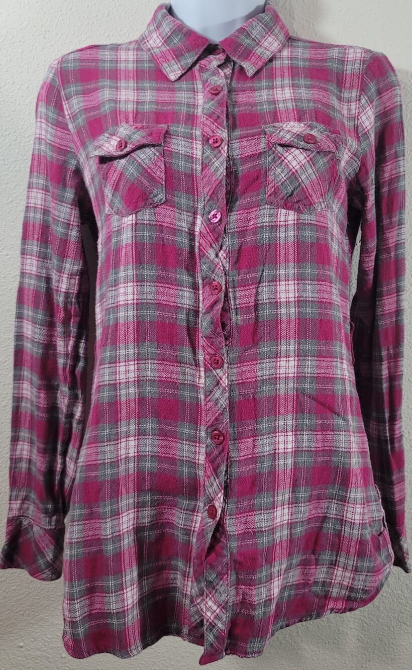 OP Pink Plaid Button Up Flannel Top Juniors 7 9 Lightweight Soft Long Sleeves